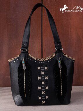 Montana West Handbag Western Feather Saddle Stitch Concealed Carry Tote Purse